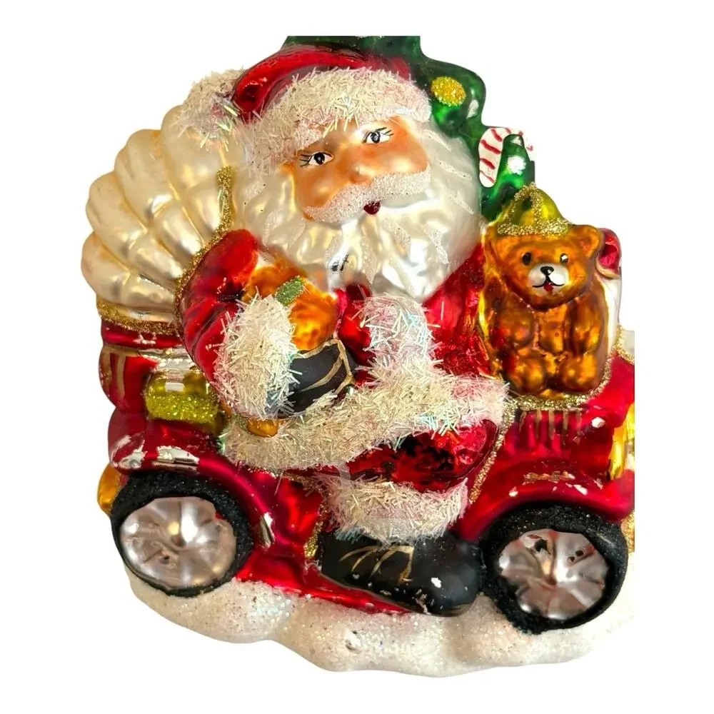 Lg Santa Riding Vintage Car Jalopy Glass Ornament w/Tree Teddy Bear‎ 5.5